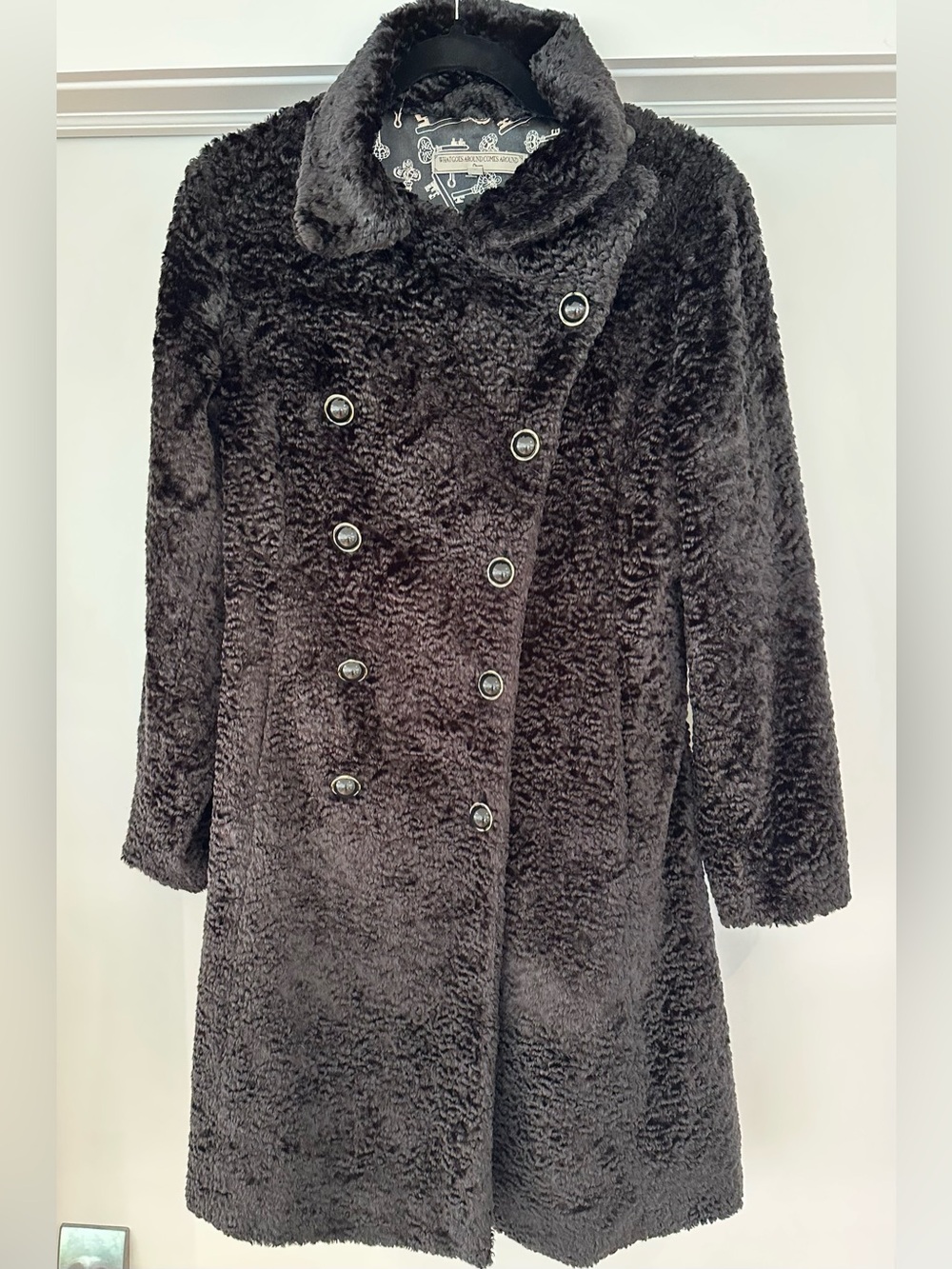 What Goes Around Comes Around Faux Persian Lamb Coat Black Double Breasted S